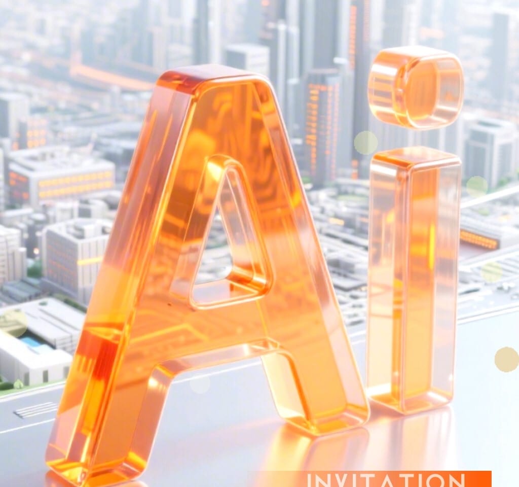 課程主視覺：橙色透明的 AI 立體字與城市模型